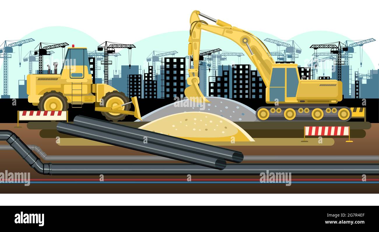 Industrial pipeline laying. Construction of new quarters. Excavation ...