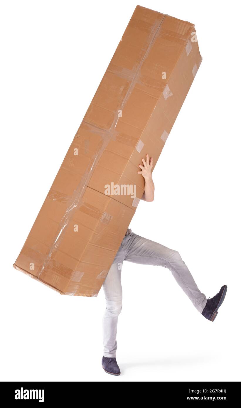 Man carrying a oversized cardboard box, isolated on white Stock Photo