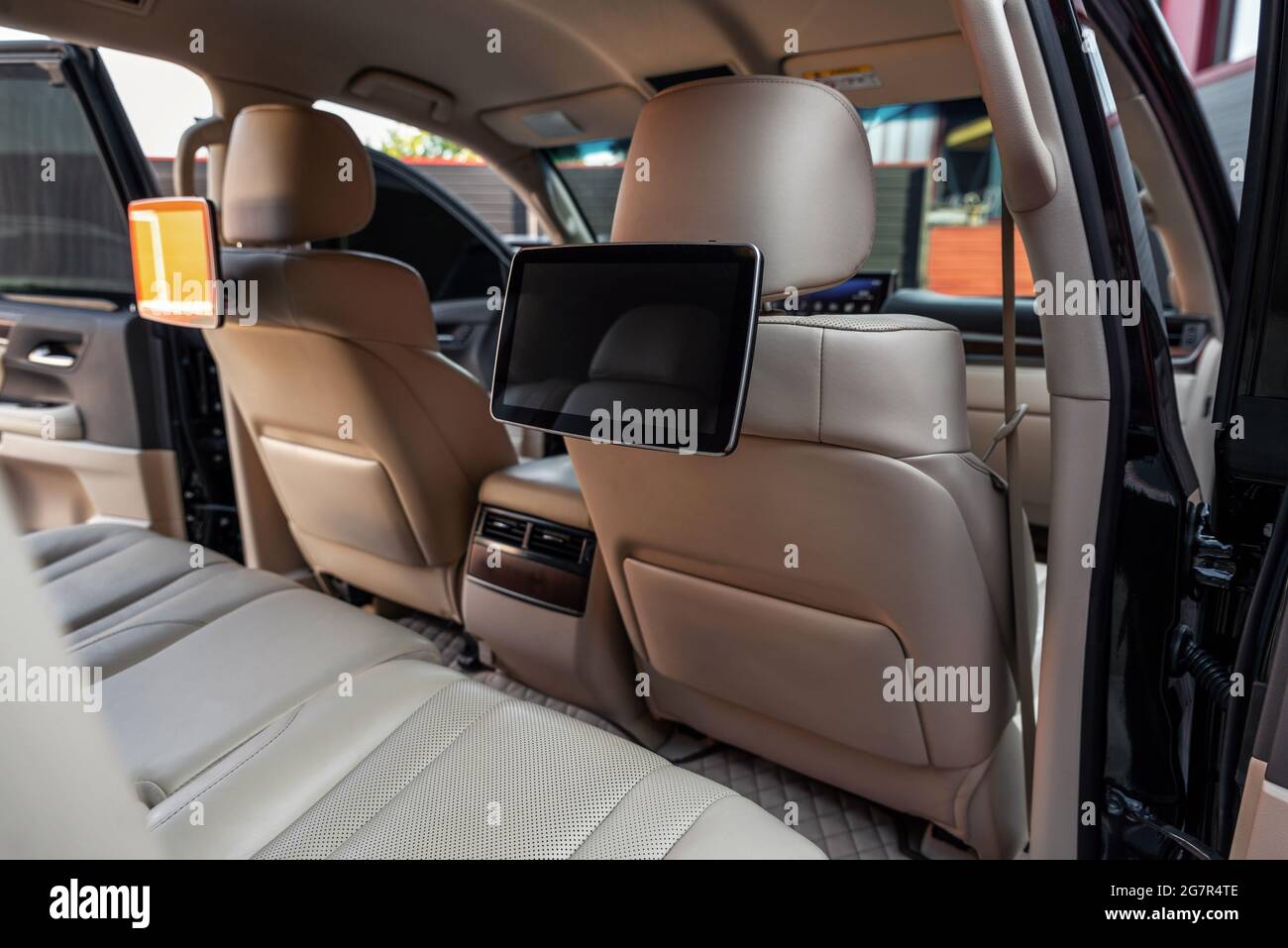 Car inside. Multimedia screens or TV displays for rear passenger seats