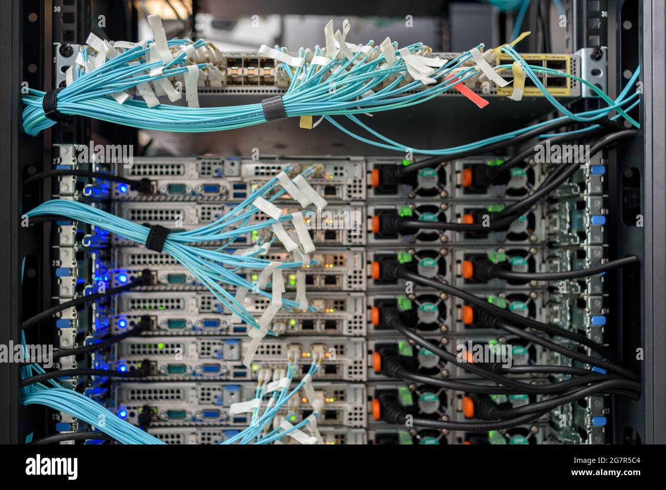 Working servers, switches or routers in data center with a lot of led