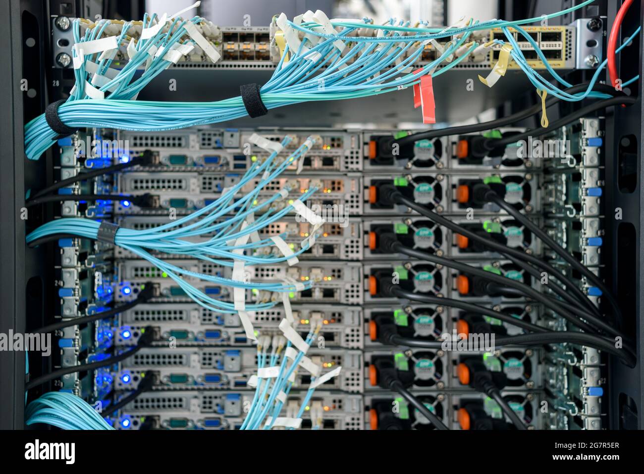 Working servers, switches or routers in data center with a lot of led