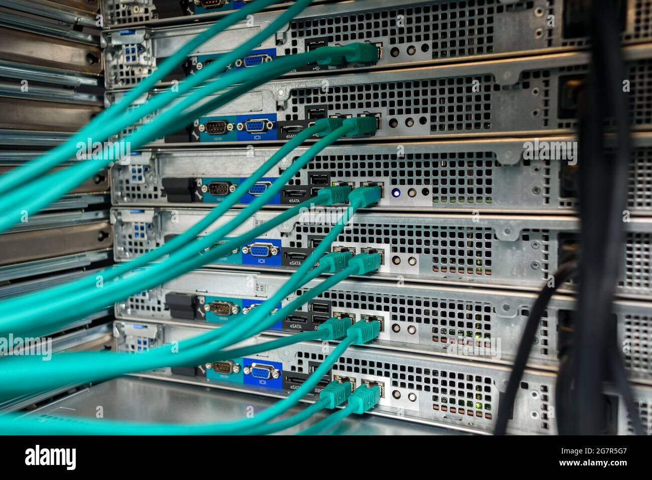 Working servers, switches or routers in data center with a lot of led