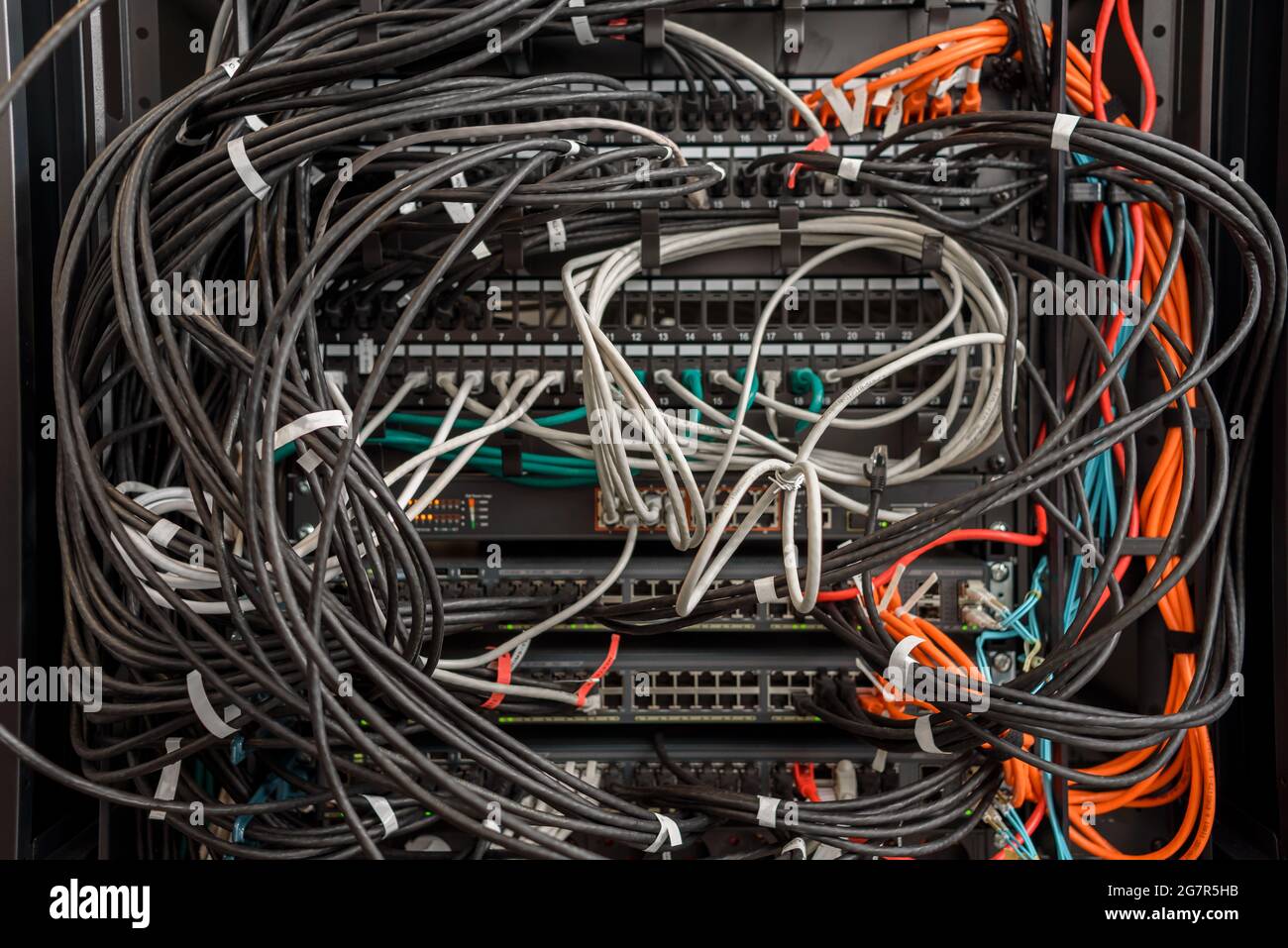 Working servers, switches or routers in data center with a lot of