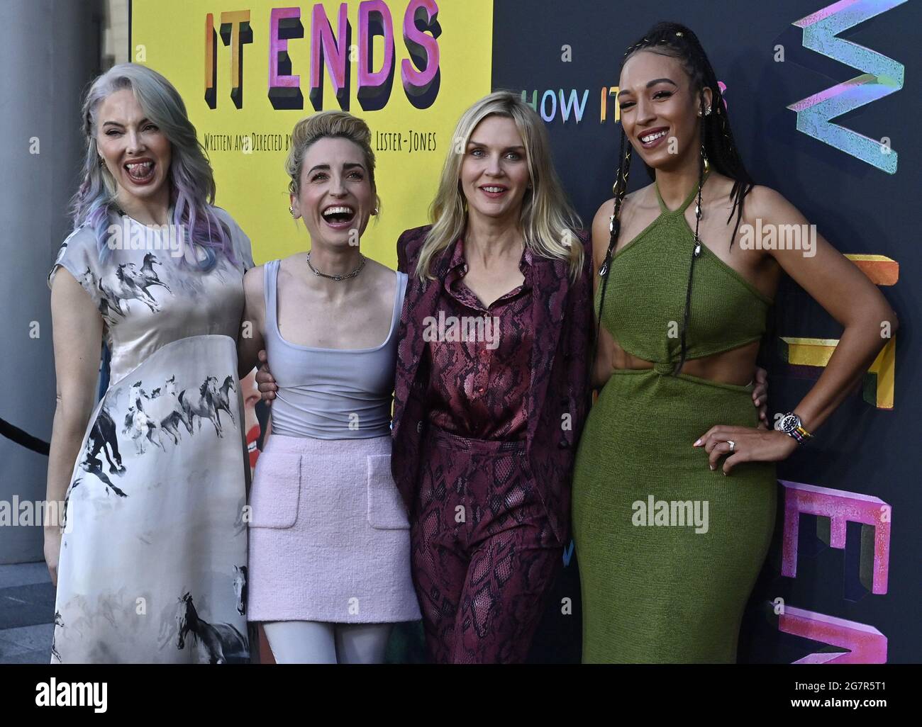 Los Angeles, United States. 16th July, 2021. From left, Whitney Cummings,  Zoe Lister-Jones, Rhea Seehorn, and Tawny Newsome attend the premiere of  the motion picture comedy "How It Ends" at NeueHouse in