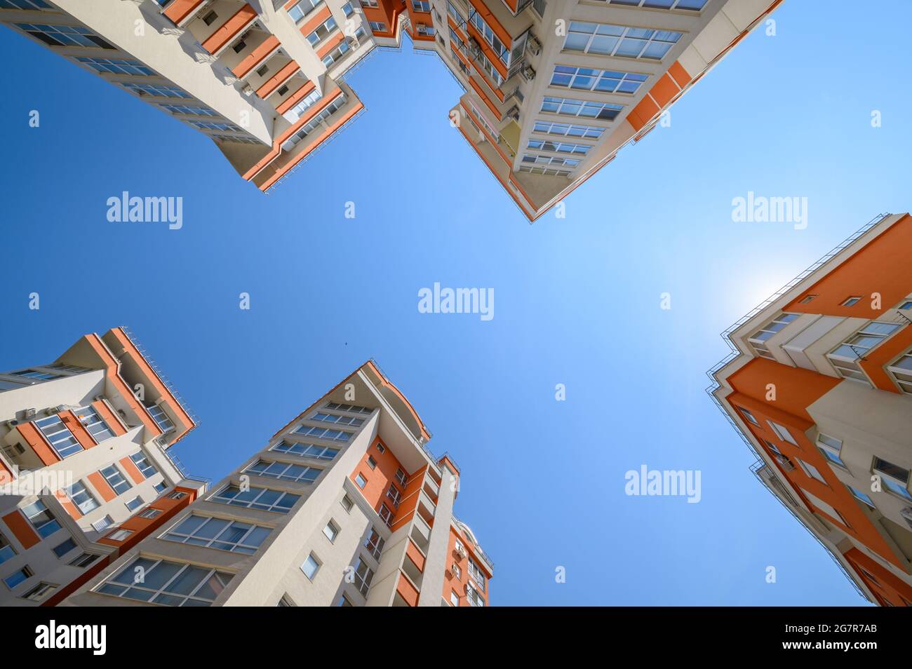 New modern apartment buildings shot from below Stock Photo Alamy