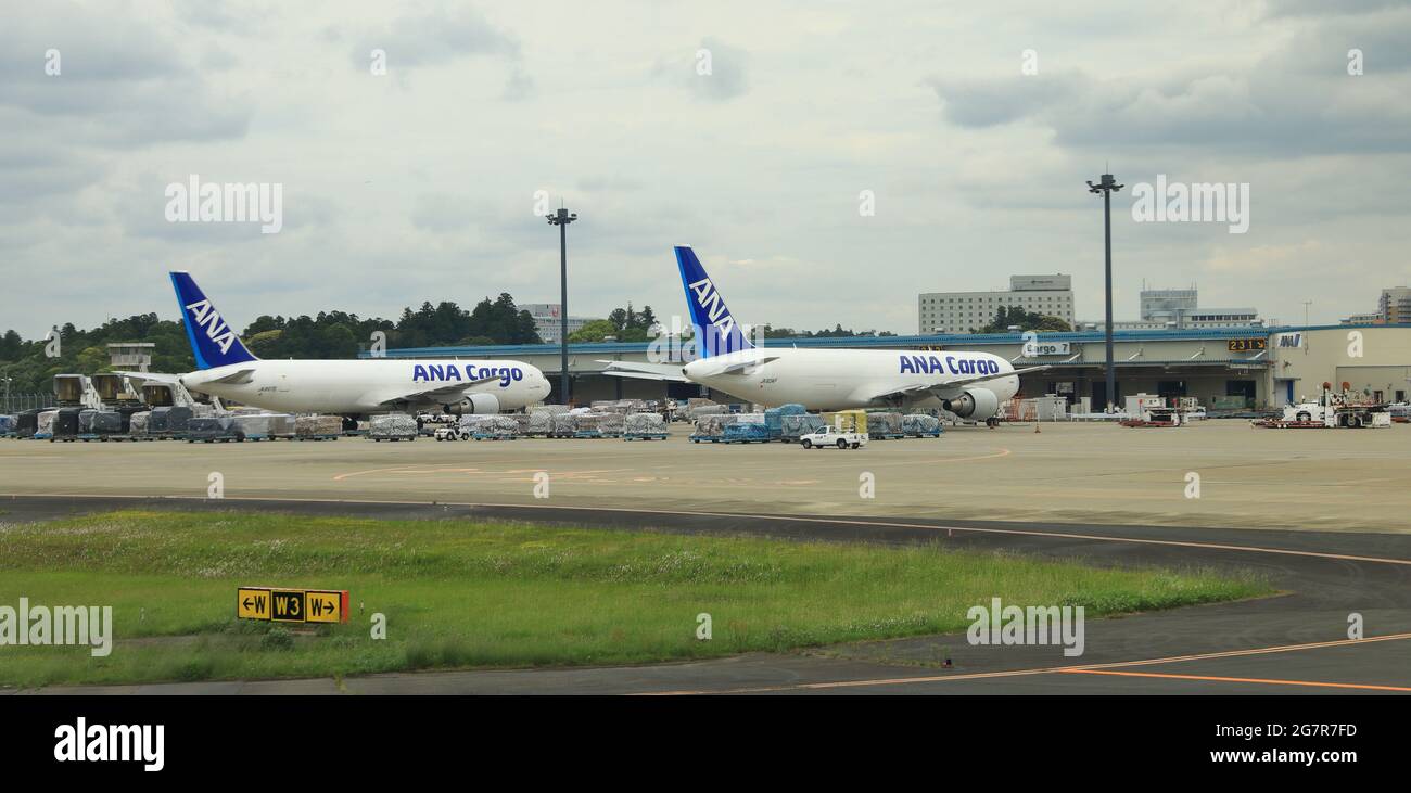 NARITA JAPAN, - MAY 2018 : Cargo planes and Cargo Handling Facilities on Air Cargo Terminal at Narita Airport, Japan. Stock Photo