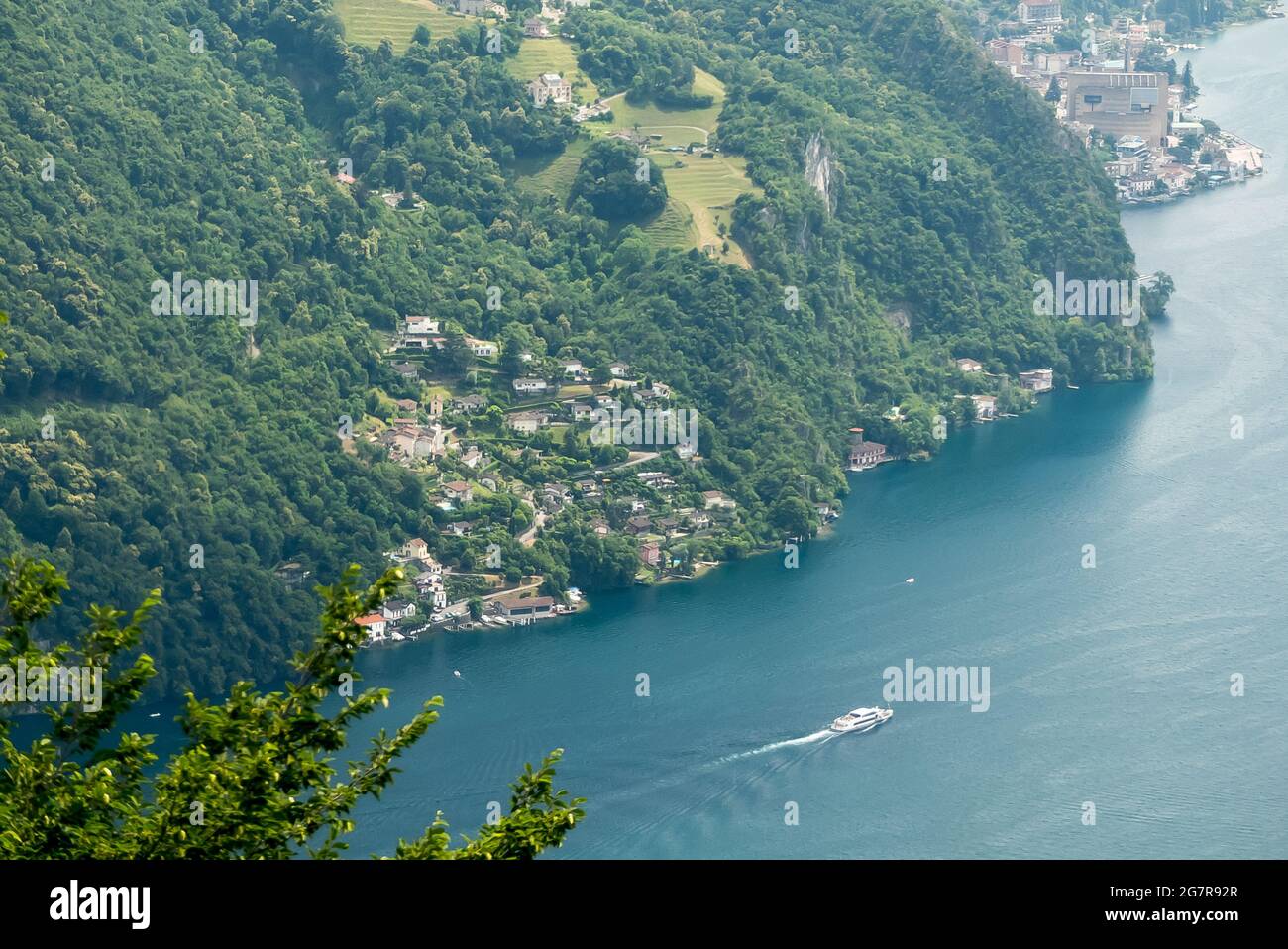 Looking across Lake Lugano to Caprino, from Monte Bre Stock Photo