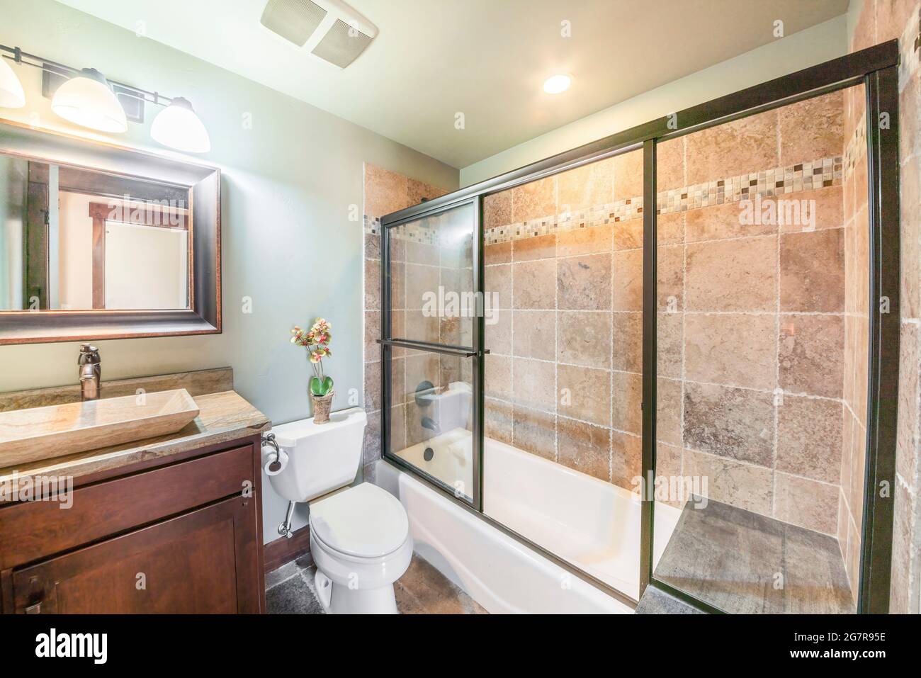 Bathroom interior with rustic design and mint green walls Stock Photo Alamy