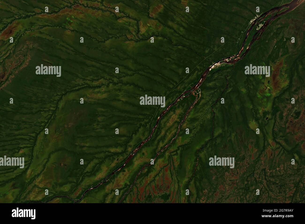 Colorful drainage basin of Moose River in Ontario, Canada, flowing into James Bay seen from space - contains modified Copernicus Sentinel Data (2020) Stock Photo