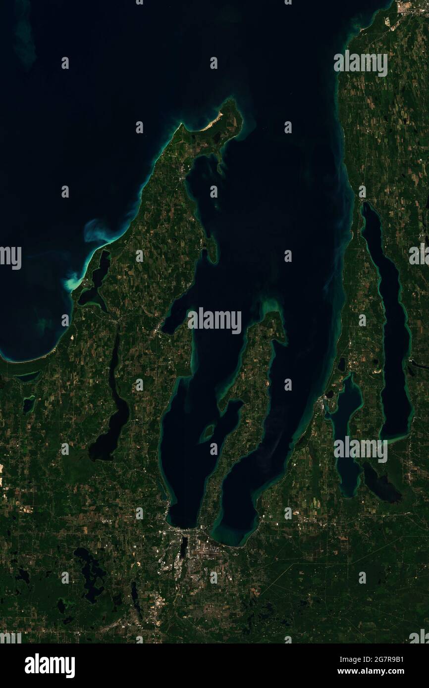 Grand Traverse Bay, a deep bay of Lake Michigan, seen from space - contains modified Copernicus Sentinel Data (2020) Stock Photo