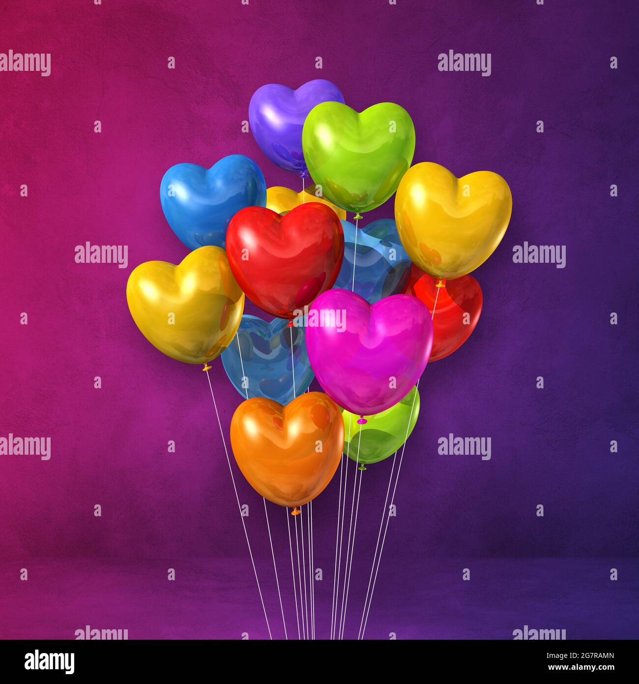 Colorful heart shape balloons bunch on a purple wall background. 3D ...
