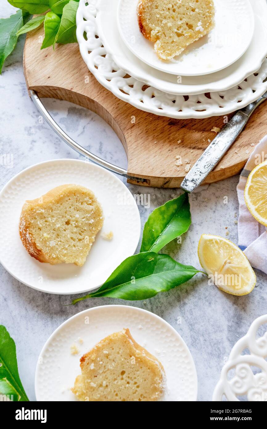 Traditional homemade lemon cake, fresh summer baking items Stock Photo