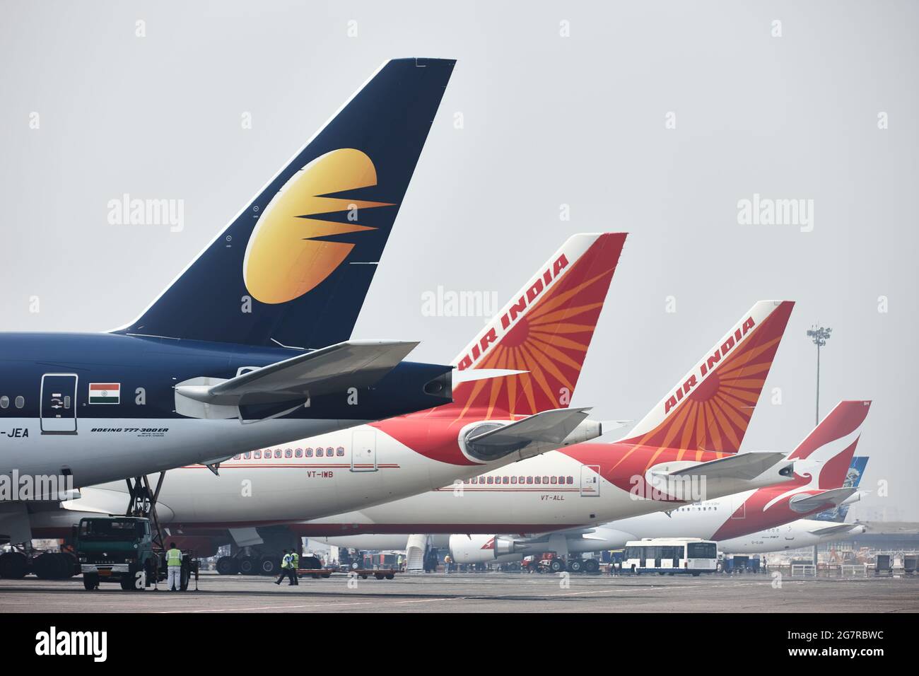 Plane tails parked, Mumbai Airport, Sahar International Airport, Chhatrapati Shivaji International Airport, CSIA, Bombay, Mumbai, Maharashtra, India, Asia Stock Photo
