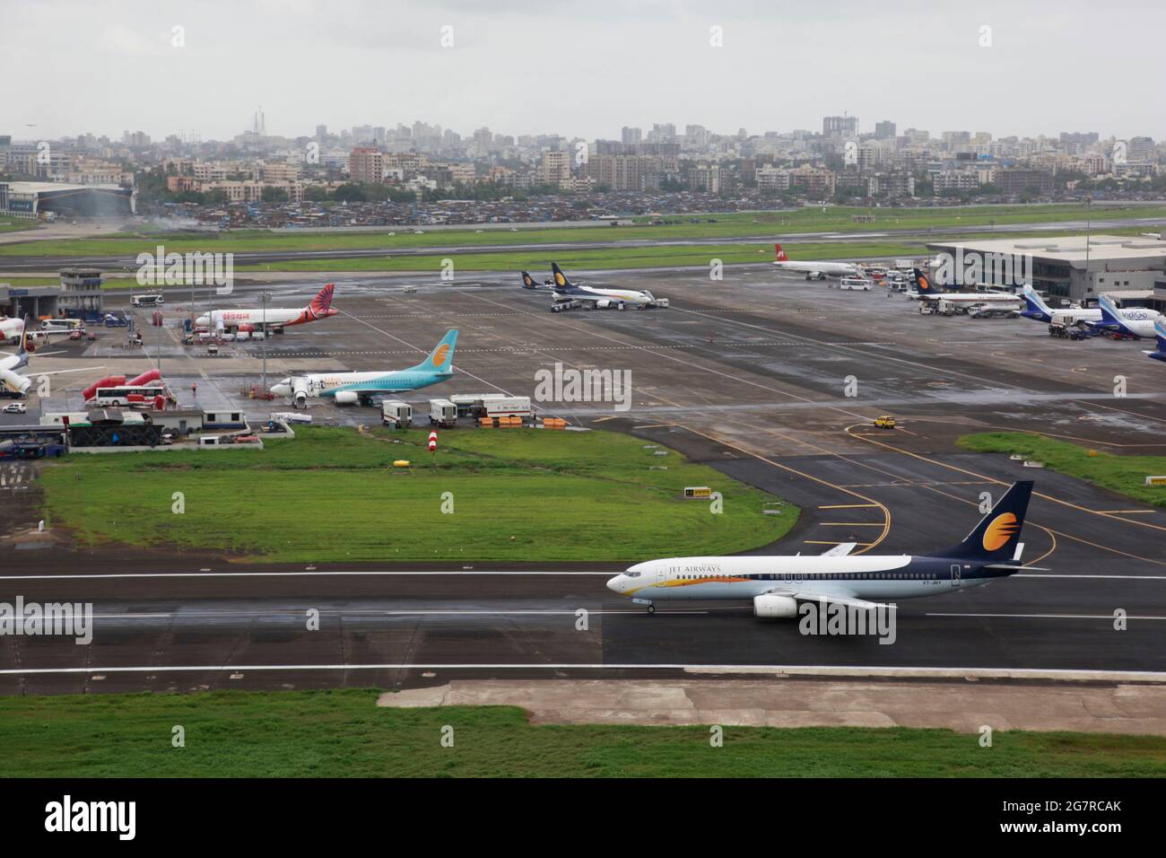 Jet Airways aeroplane takeoff, Mumbai Airport, Sahar International Airport, Chhatrapati Shivaji International Airport, CSIA, Bombay, Mumbai, Maharashtra, India, Asia Stock Photo