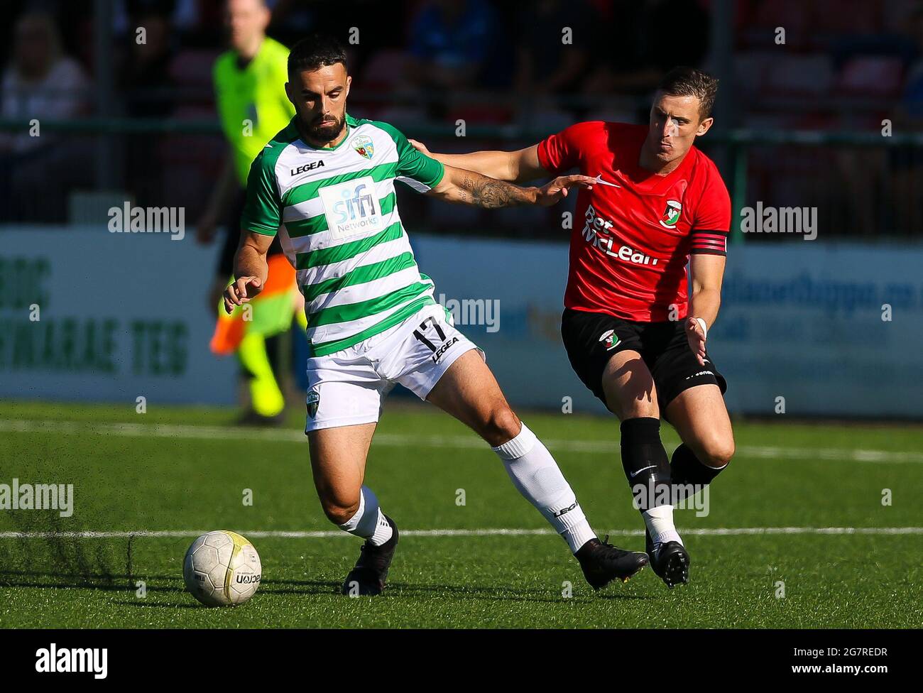 The New Saints Jordan Williams And Glentoran S Marcus Kane During The Uefa Europa Conference League First Qualifying Round Second Leg Match At Park Hall Oswestry Picture Date Thursday July 15 2021 Stock