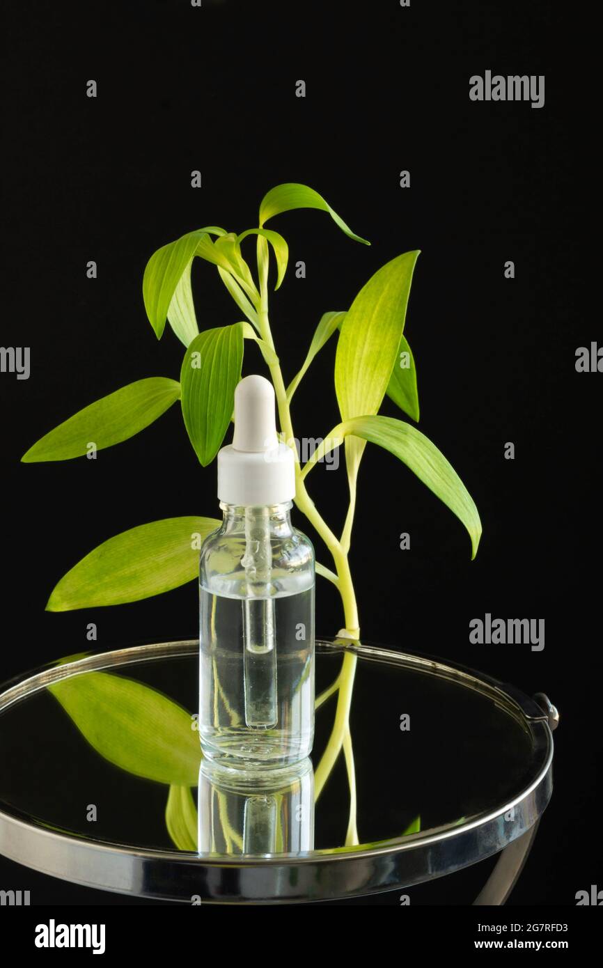 Natural anti-wrinkle skin serum in a glass bottle with pipette. Dropper skincare product concept with vitamins, active ingredients and collagen Stock Photo