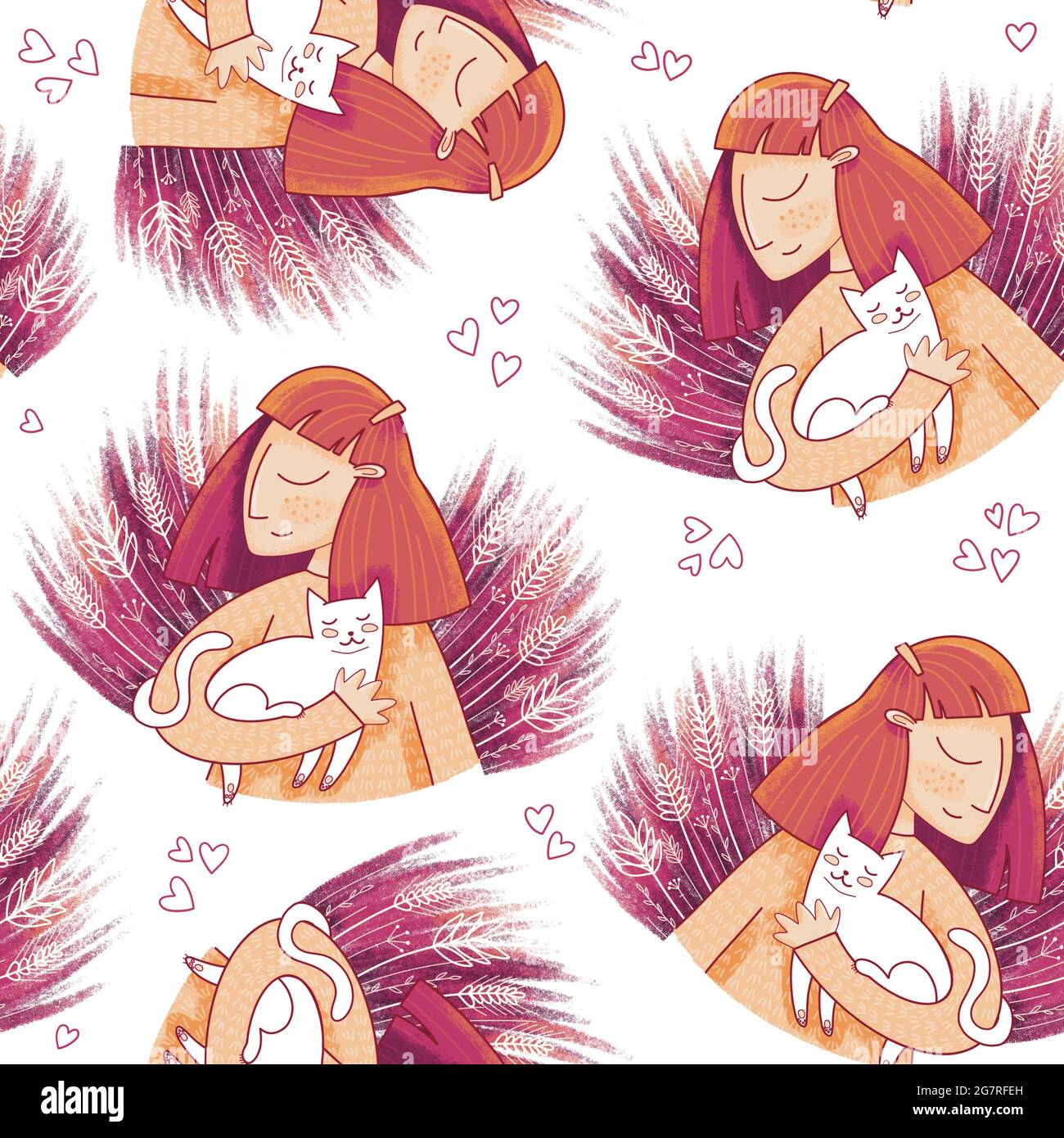 Cute seamless pattern with girl petting cat. Stock Photo