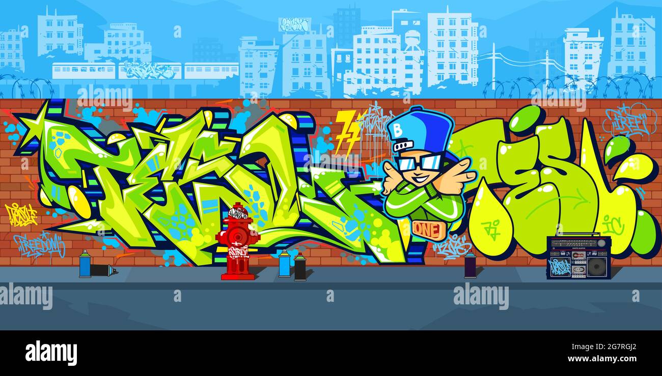 Abstract Outdoor Colorful Urban Streetart Graffiti Wall With Drawings