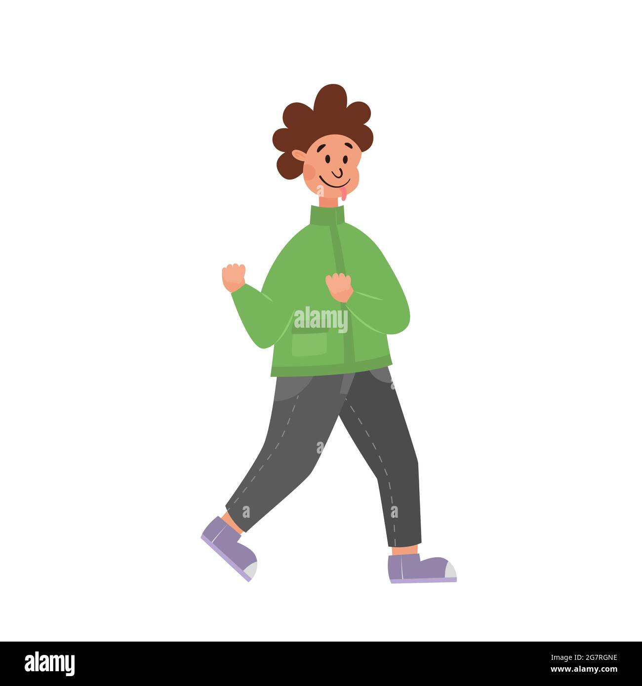 Funny curly little boy grimaces and shows his tongue. Colored cartoon flat illustration of a child playing or having fun dancing outdoors. Stock Vector