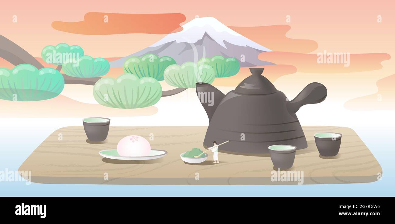 Concept of Japan's tea. Tiny people is working on a big pot of tea. Mount Fuji in the sunset. Vector Illustration. Stock Vector
