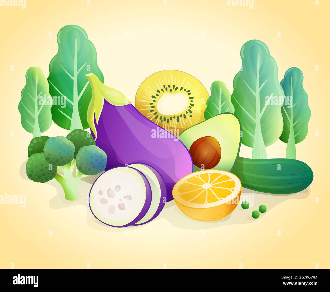 Background With Organic Fresh Vegetables. and Fruits Healthy Food. Vector illustration Stock Vector