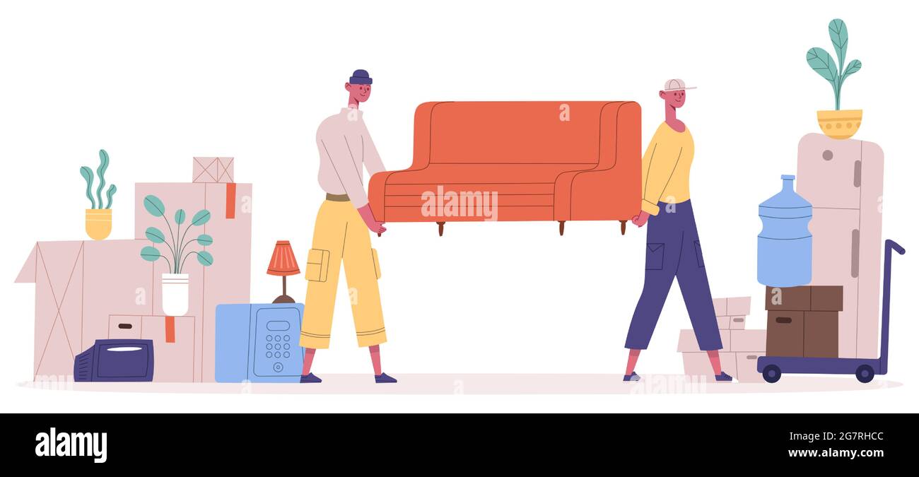 Moving & Relocation New house moving. Relocation service characters carrying sofa and ...