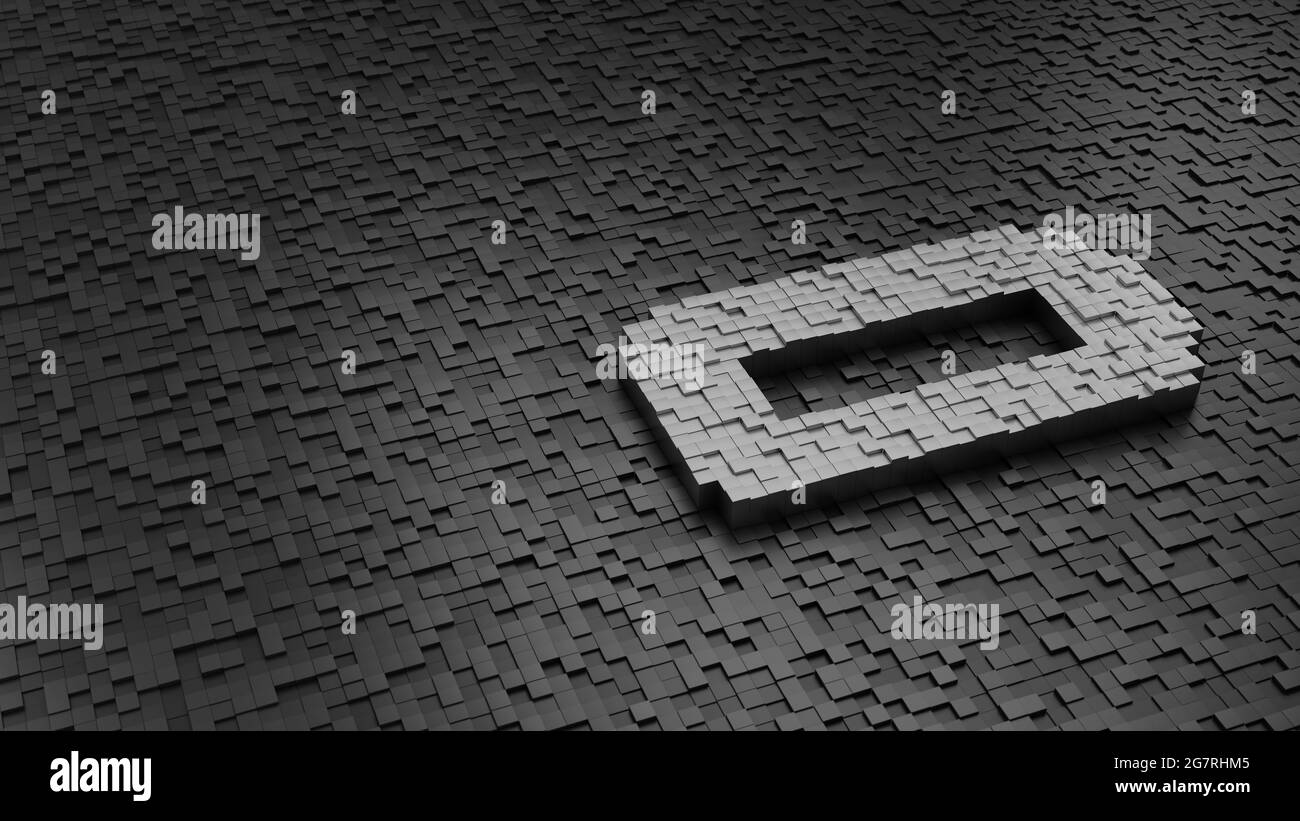 3d rendering metal cubes in shape of horizontal symbol of battery empty light silver colored on dark cubes with randomness Stock Photo