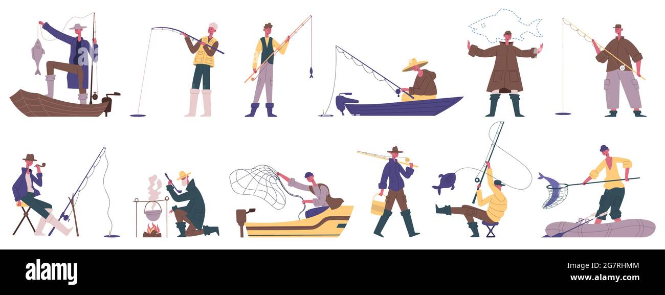 Fisherman characters. Fishing summer outdoor activities, spinning or fishnet fish catching hobby recreation vector illustration set. Male fishermen Stock Vector