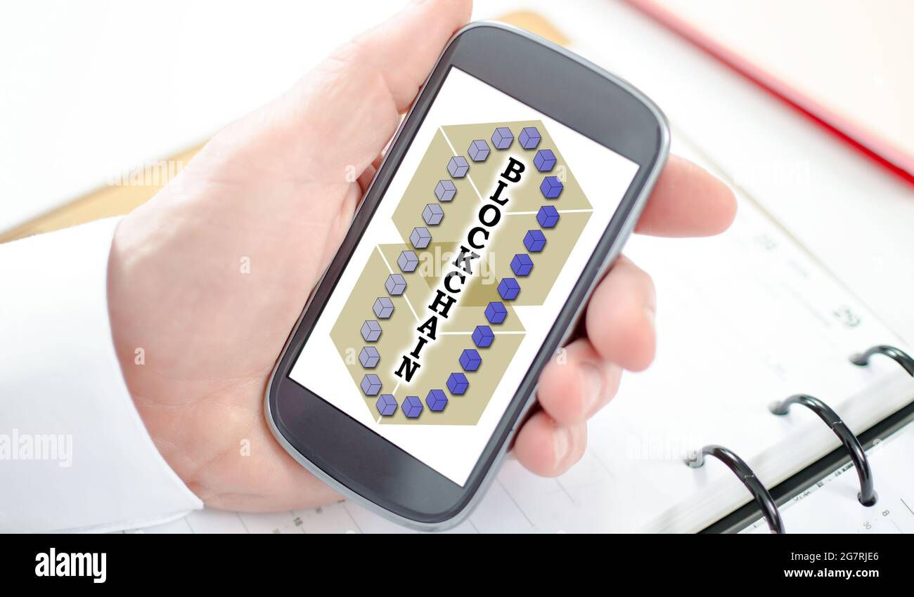 Blockchain technology concept shown on a smartphone screen Stock Photo