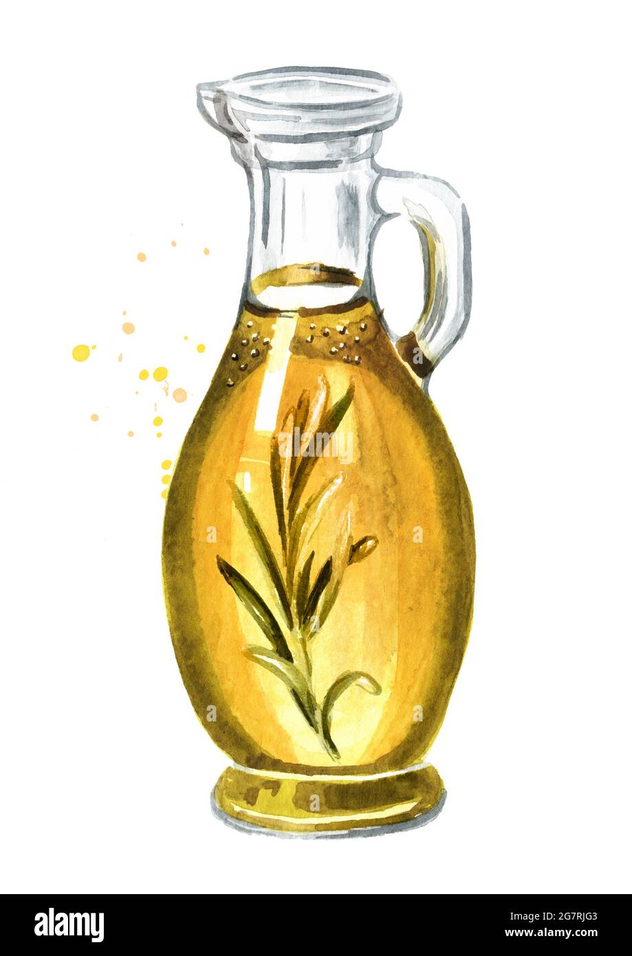 Bottle of fresh virgin olive oil with rosemary. Hand drawn watercolor ...
