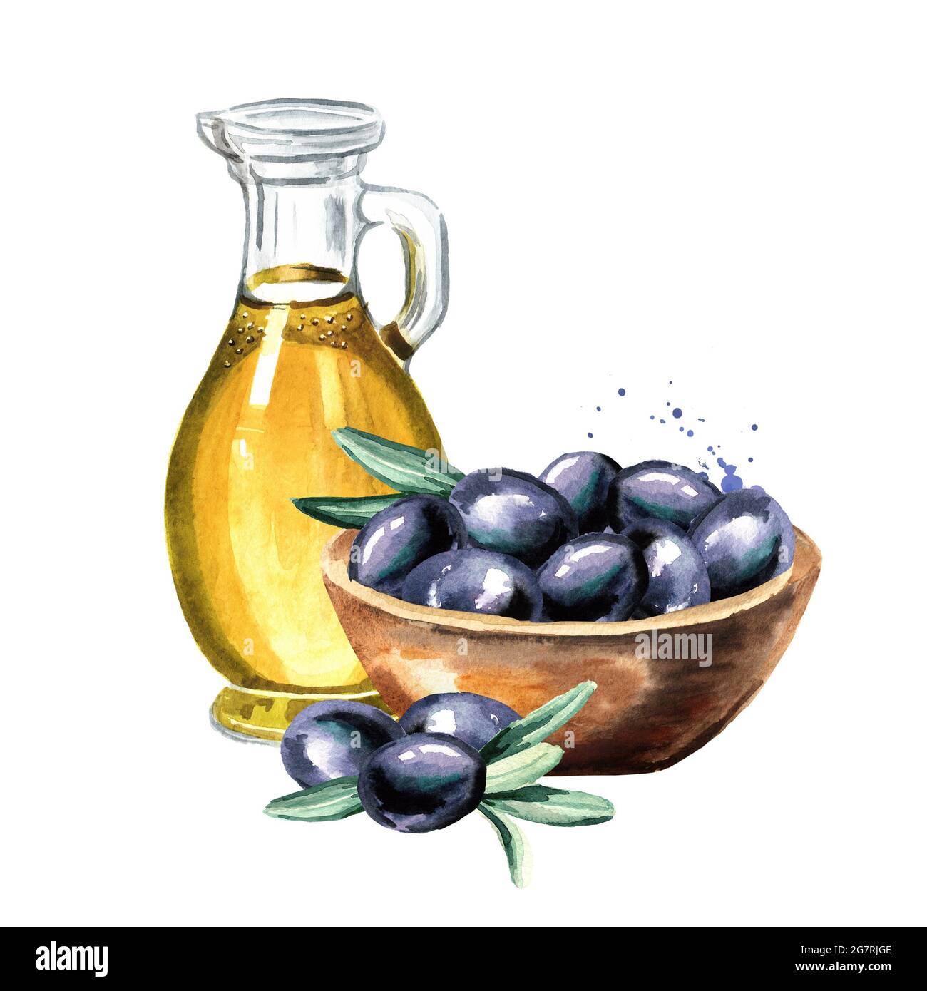 Bottle of fresh virgin olive oil with black olives. Hand drawn ...