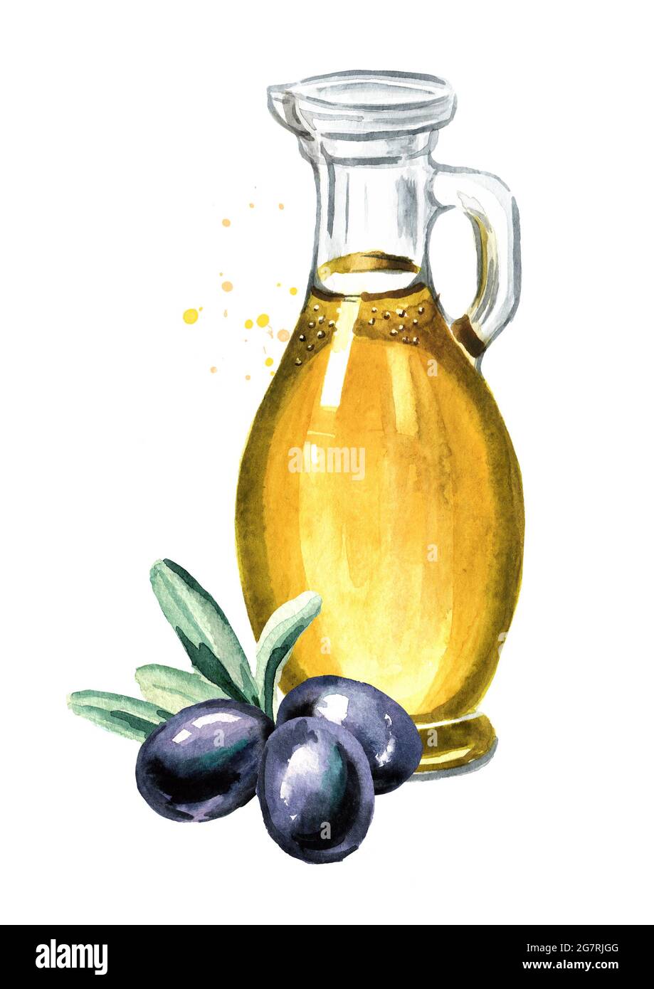 Bottle of fresh virgin olive oil with black olives and leaves. Hand ...