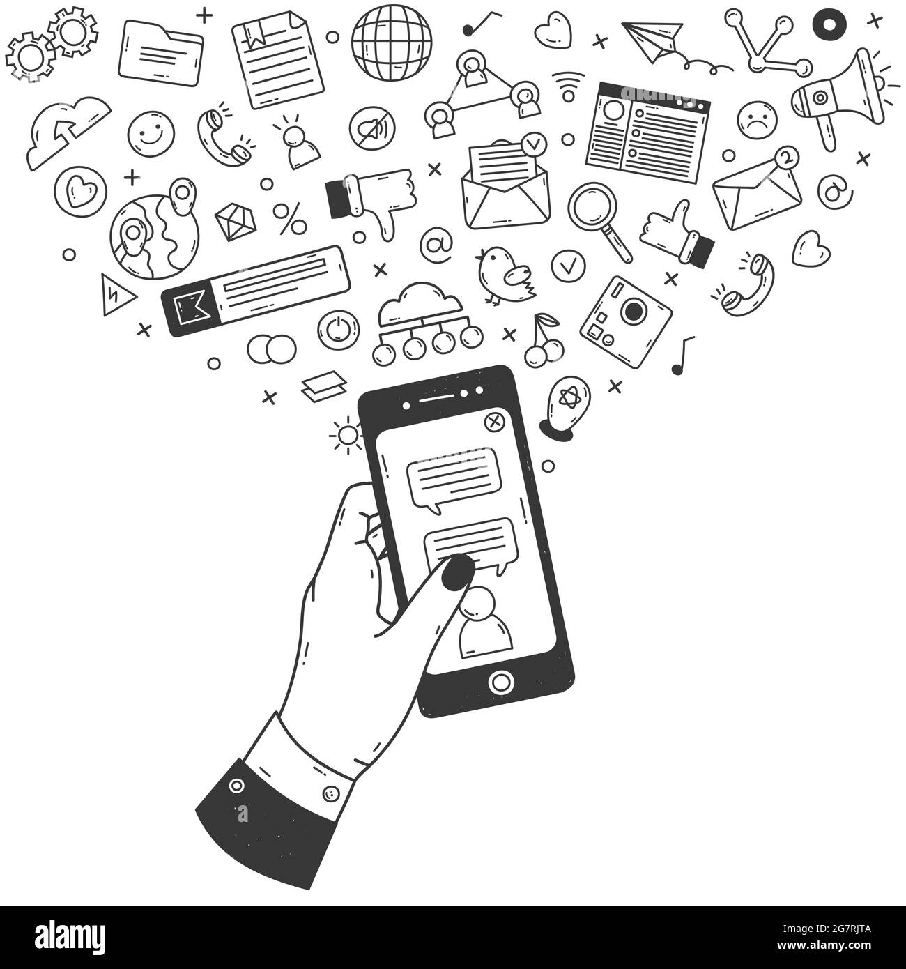 Social media concept. Doodle smartphone with communication and social