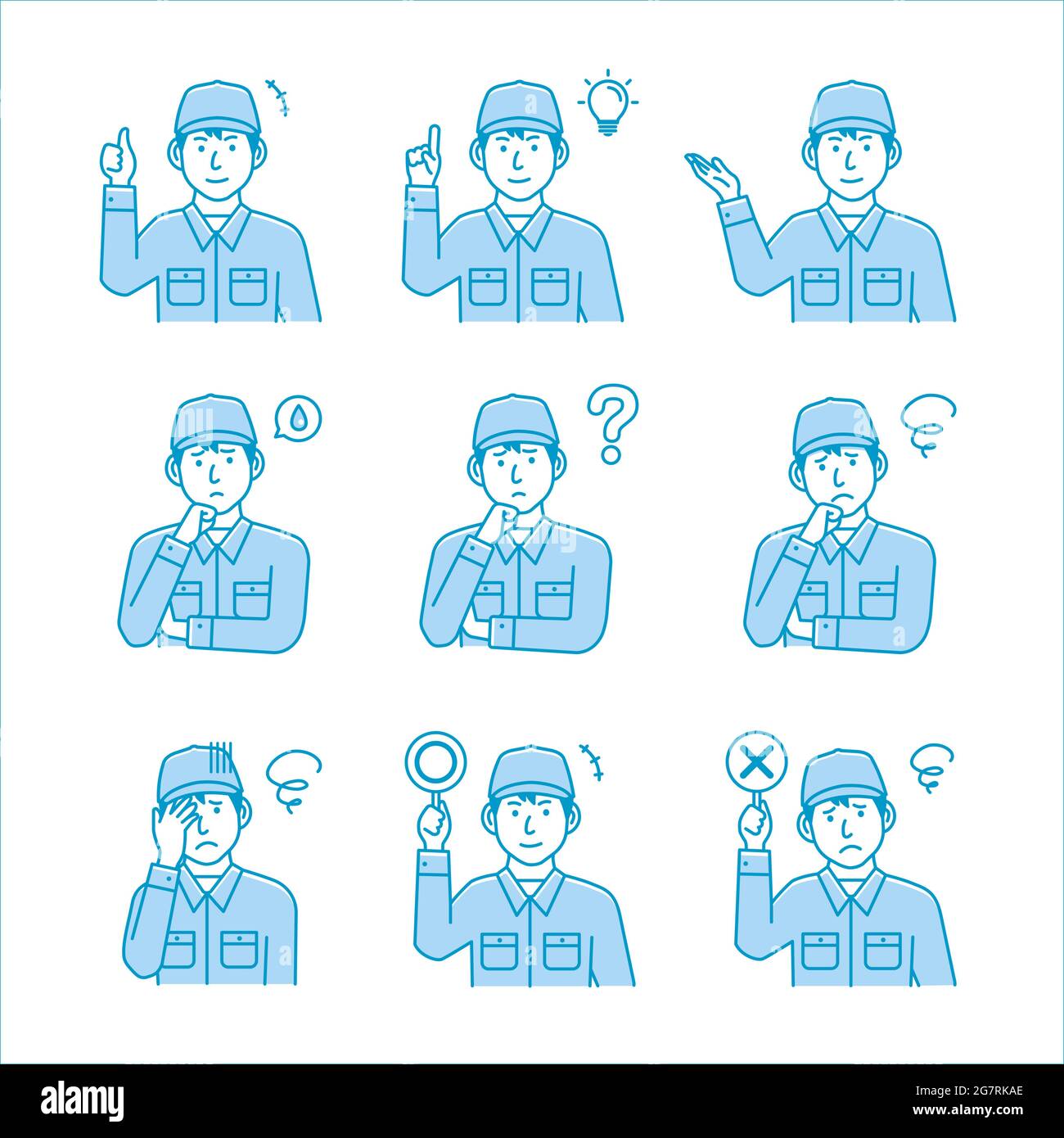 Male blue collar worker gesture variation illustration set Stock Vector