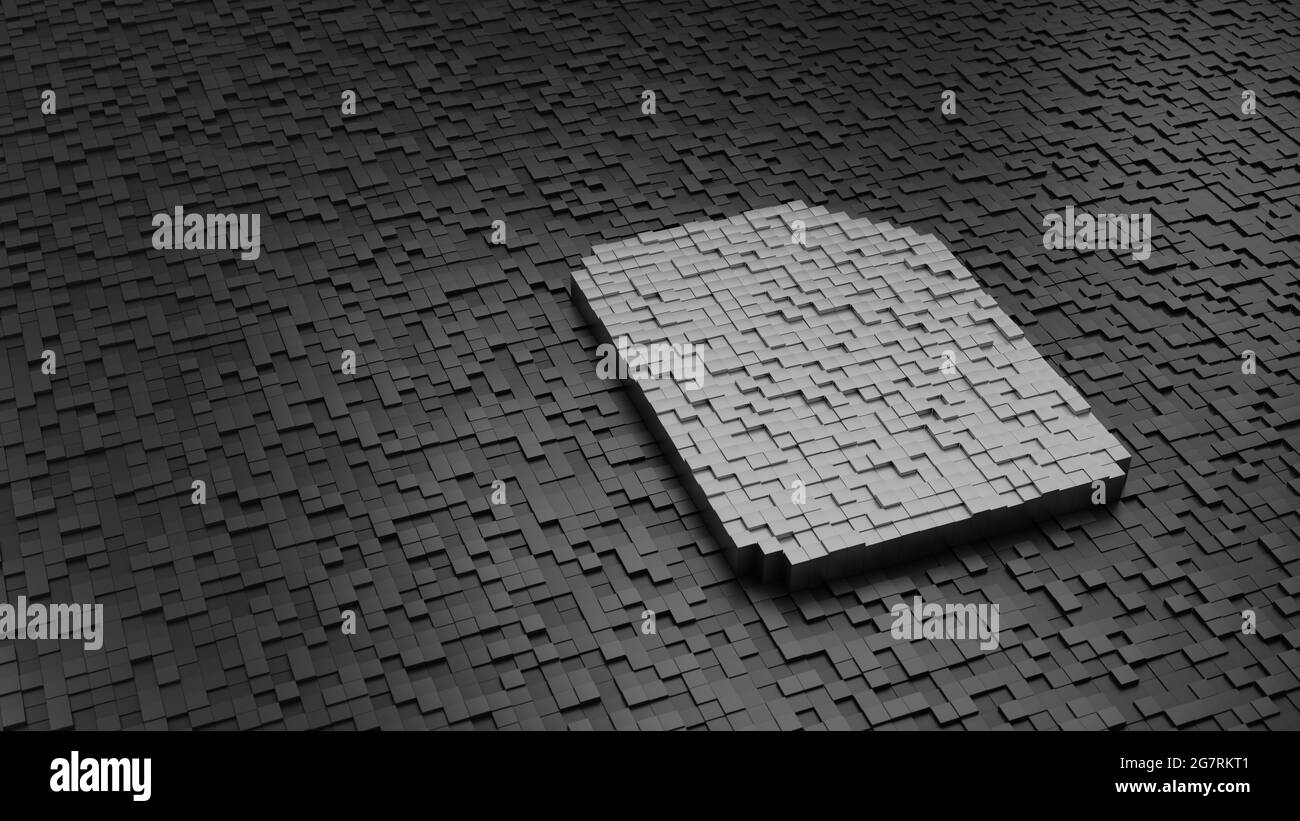 3d rendering metal cubes in shape of symbol of paper with bent corner and code symbol light silver colored on dark cubes with randomness Stock Photo