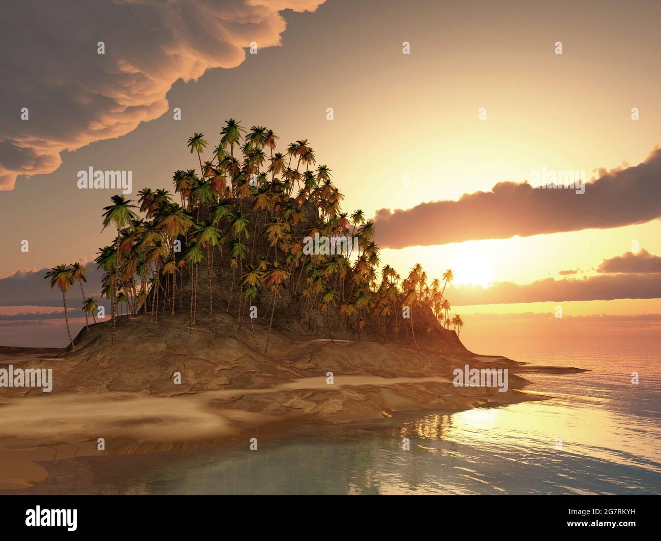 Landscape with palm trees by the sea at sunset Stock Photo - Alamy