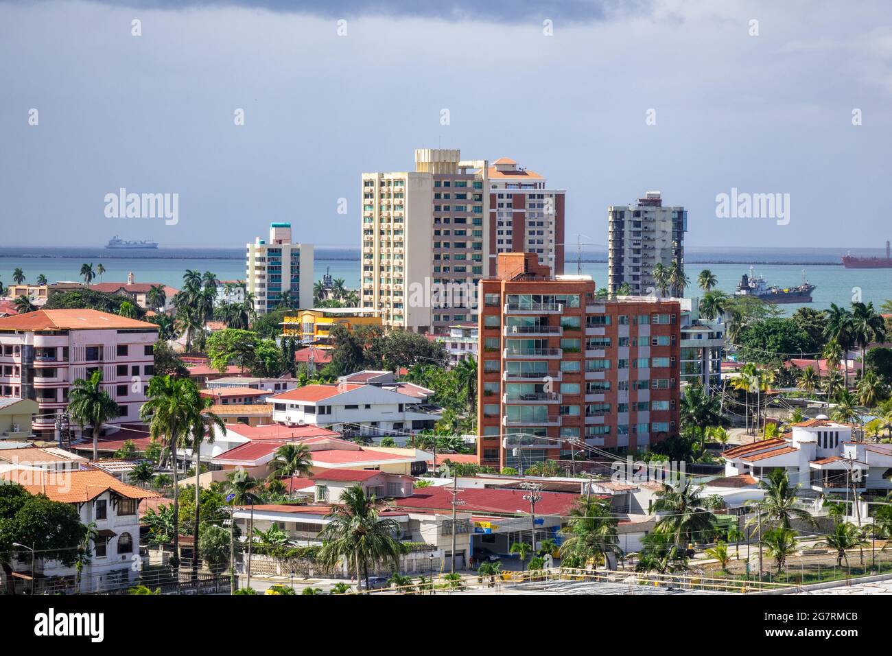 Residential Area Of Colon Panama With Houses And High Rise Apartment Buildings Overlooking The Entrance To The Panama Canal Stock Photo