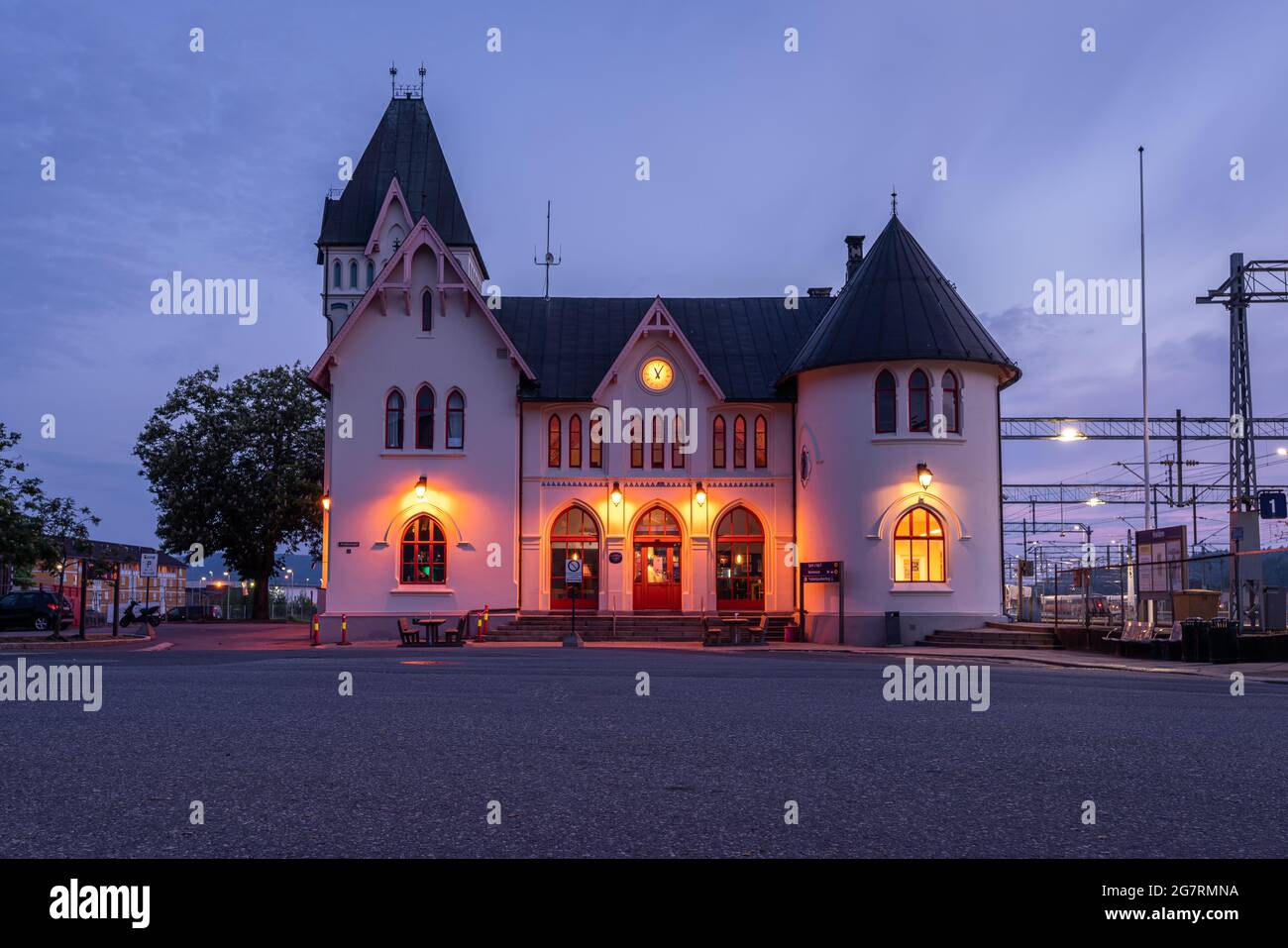 Halden station in southern Norway seen at dusk Stock Photo