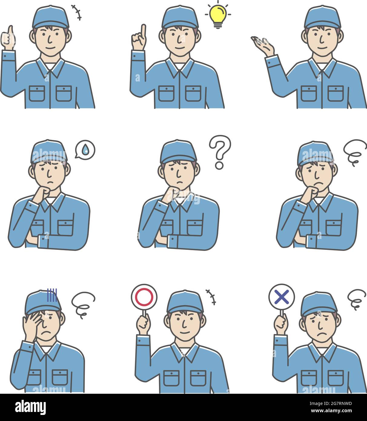 Male blue collar worker gesture variation illustration set Stock Vector