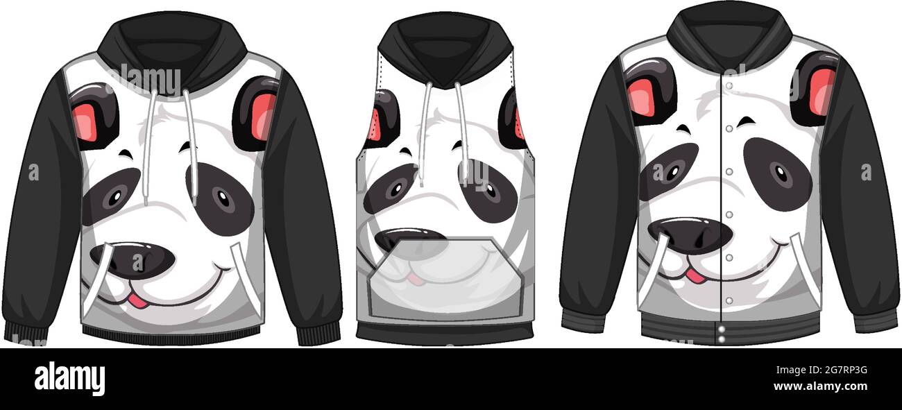 Set of different jackets with panda face template illustration Stock Vector