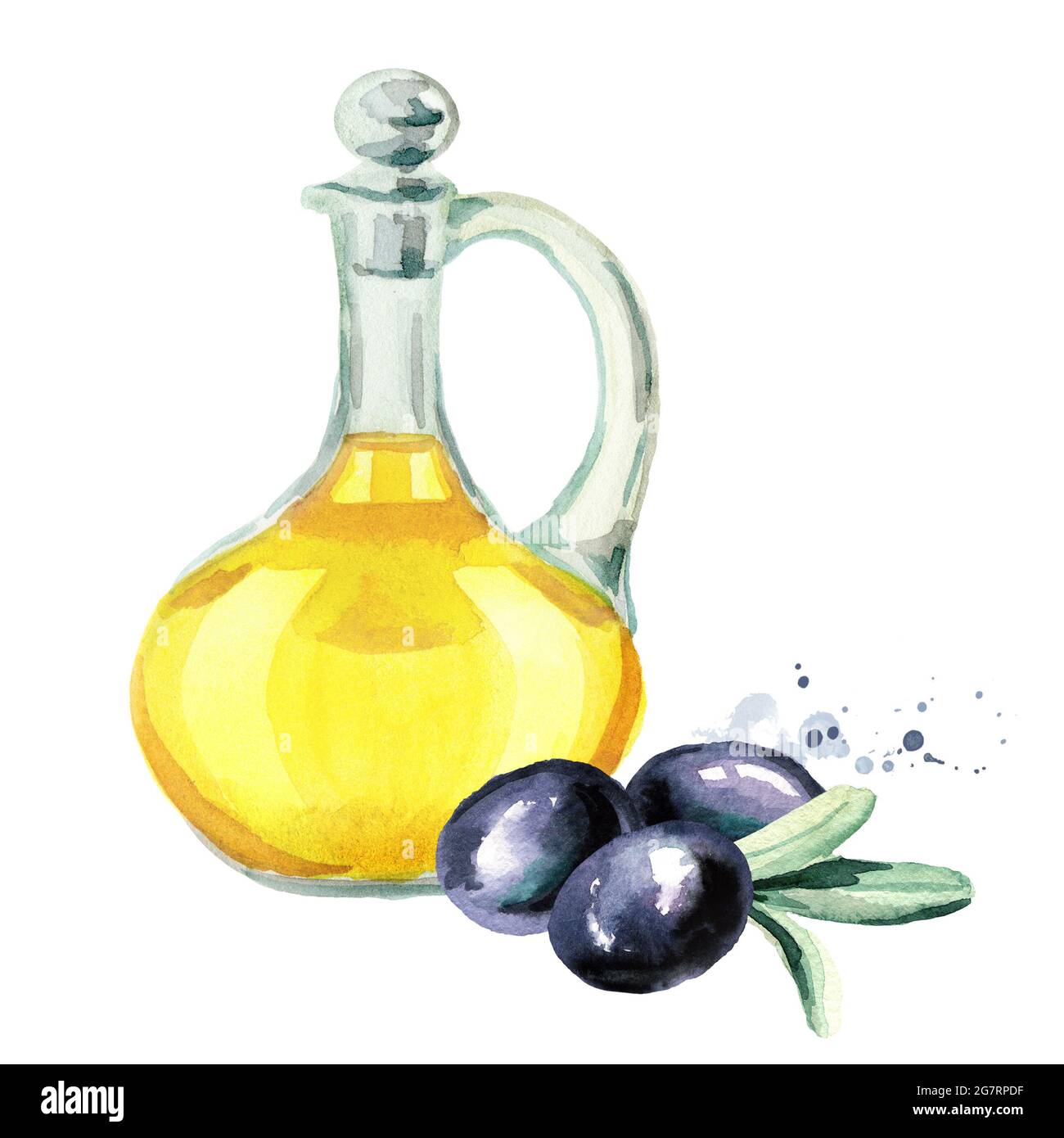 Glass bottle with olive oil. Watercolor hand drawn illustration ...