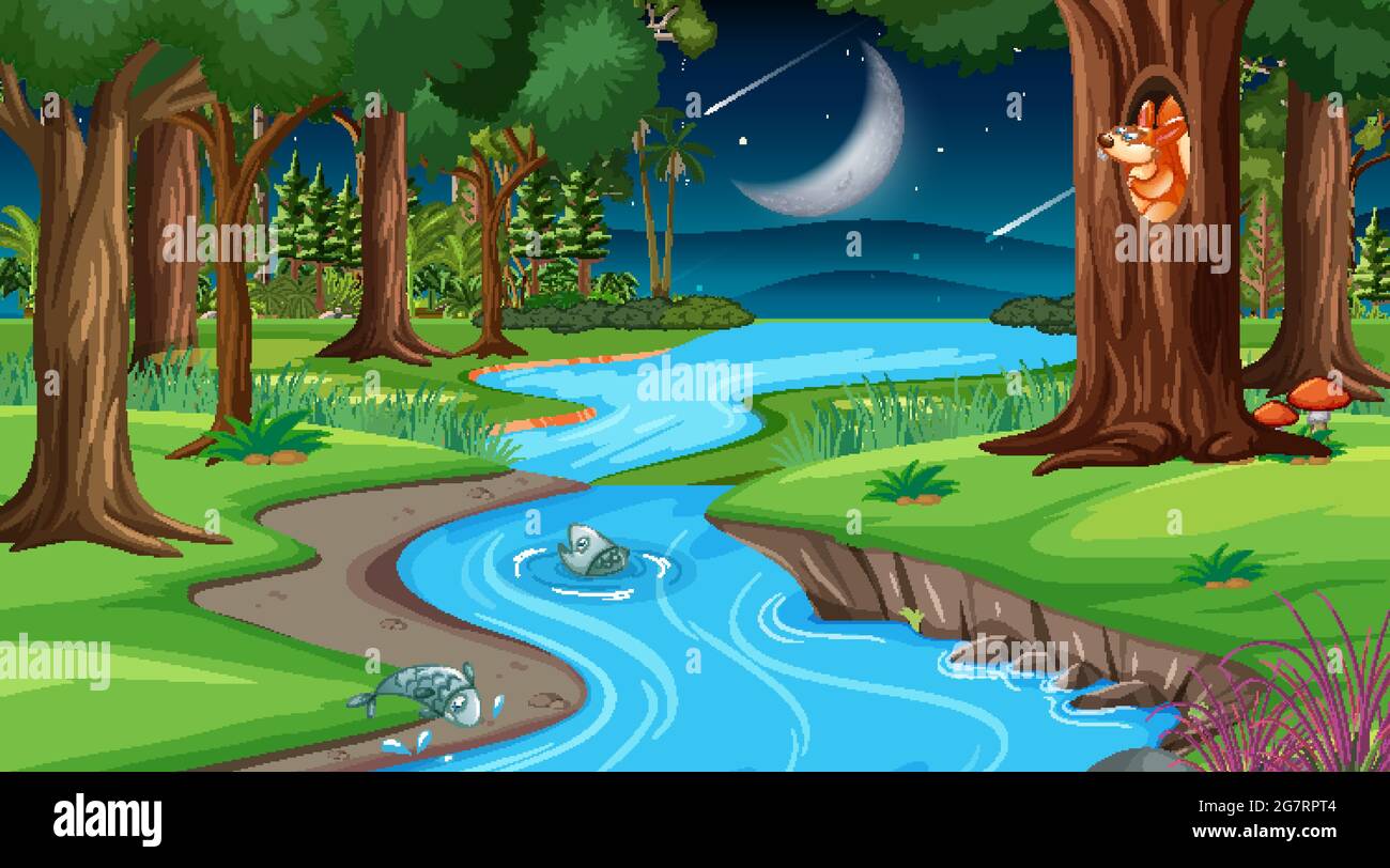 Animated Night Rivers River through the forest scene at night illustration Stock Vector Image ...