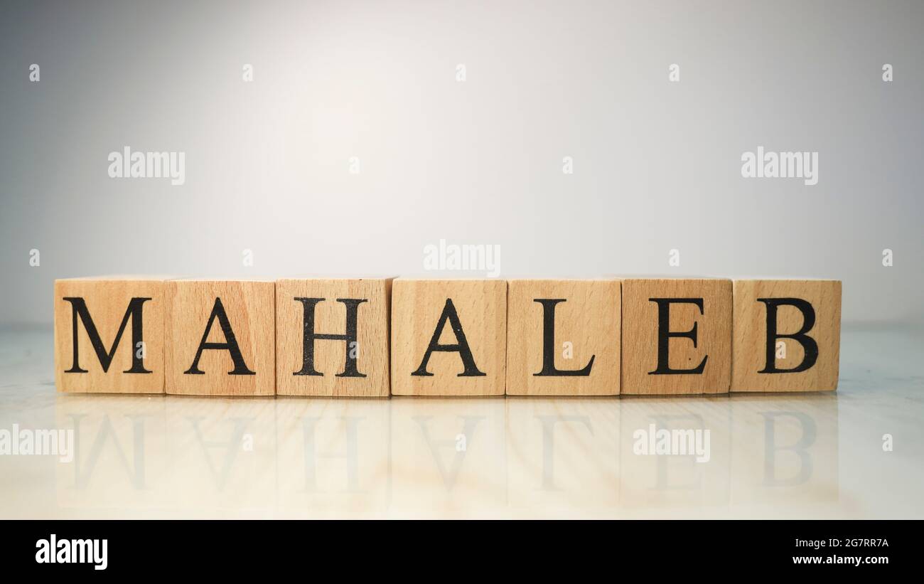 The word Mahaleb was created from wooden letter cubes. Gastronomy and spices. close up. Stock Photo