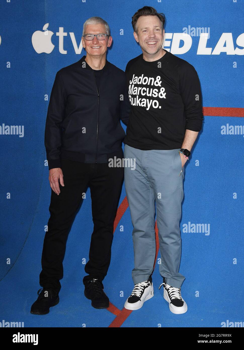 Los Angeles Usa 15th July 21 L R Apple Ceo Tim Cook And Jason Sudeikis At Apple S Ted Lasso Season 2 Premiere Held At The Pacific Design Centerpacific Design Center In West Hollywood