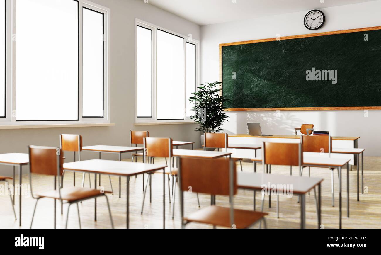 Empty white classroom background with green chalkboard table and seat on  wooden floor. Education and Back to school concept. Architecture interior.  So Stock Photo - Alamy