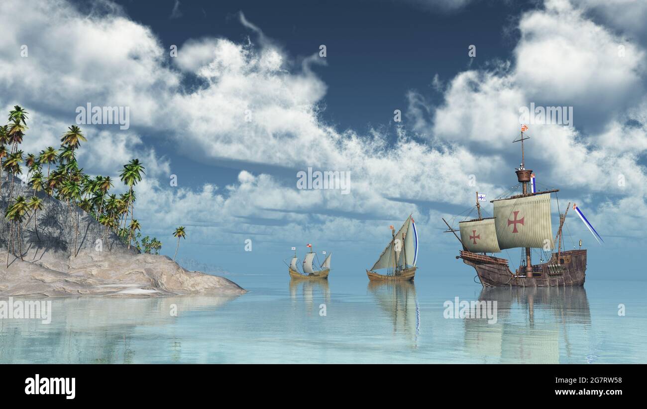 Santa Maria, Nina and Pinta of Christopher Columbus in front of an island Stock Photo