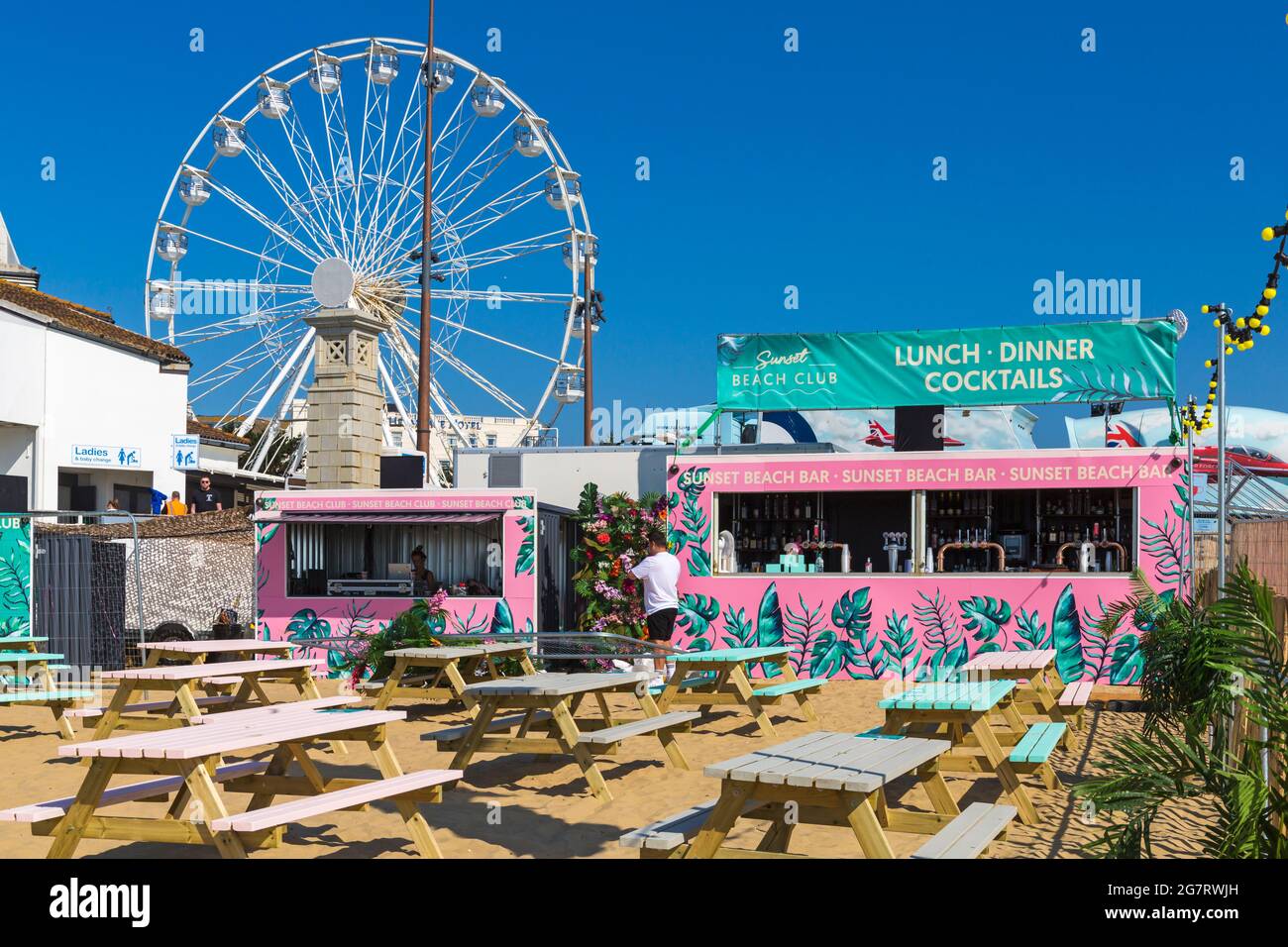 Bournemouth, Dorset UK. 16 July 2021. Sunset Beach Club opens on  Bournemouth beach this lunchtime offering a new restaurant and beach bar,  taking inspiration from the Balearic Islands and Bali. Run by