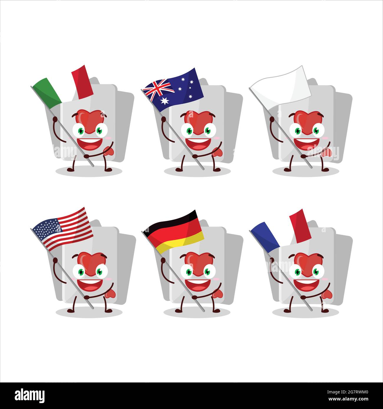 Remi card love cartoon character bring the flags of various countries. Vector illustration Stock Vector