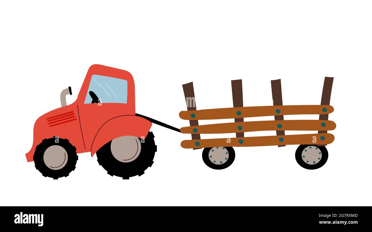 Red harvesting tractor with semi-trailer icon flat Stock Vector