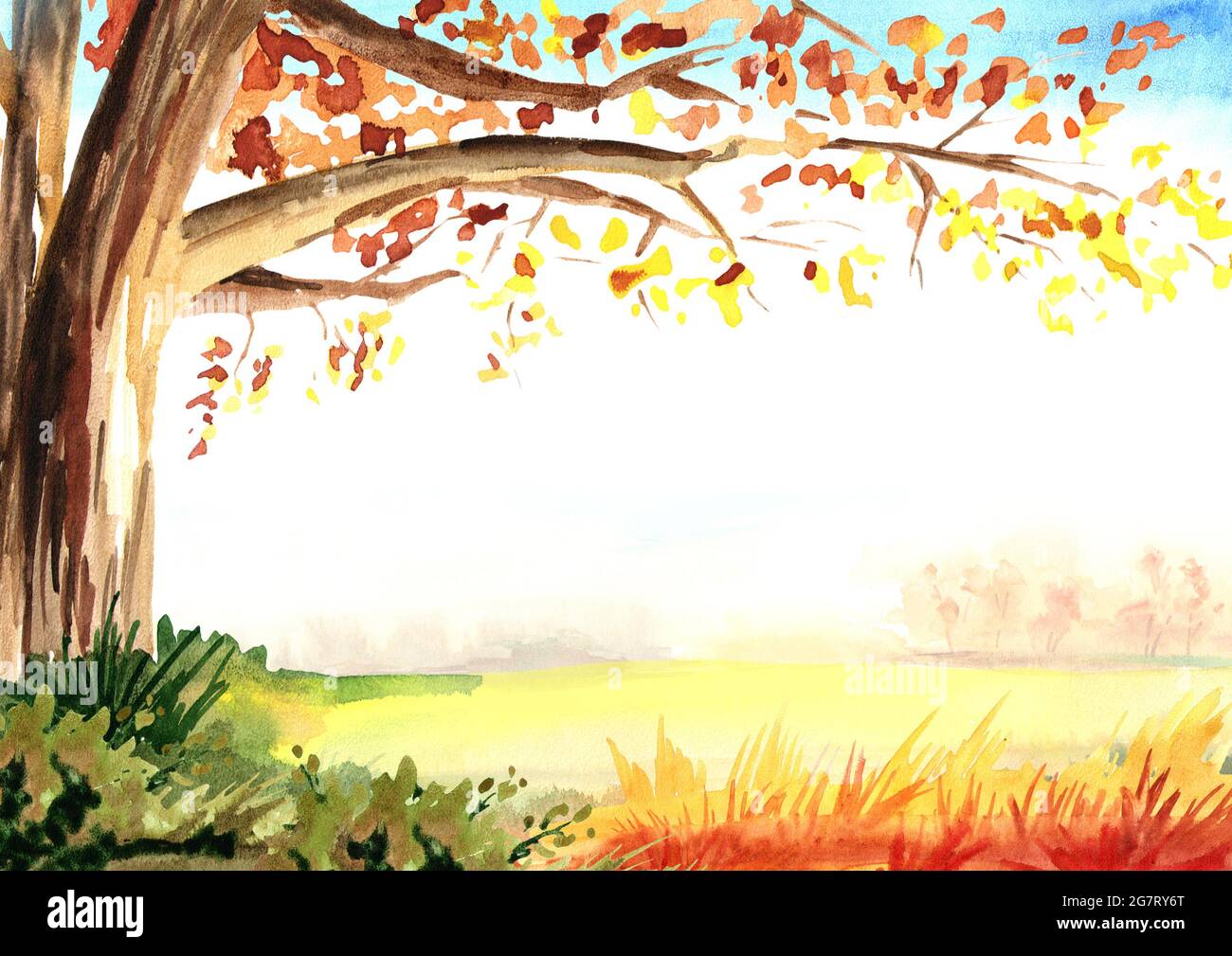 Autumn horizontal template and background. Watercolor hand drawn ...